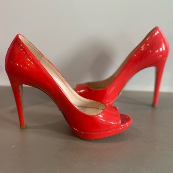 Prada Red Patent Peep-Toe Pumps - Picture 9 of 9